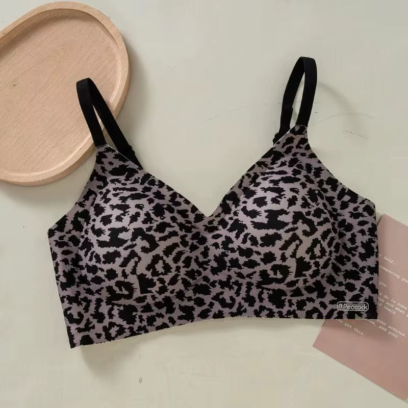 Sexy Leopard Print Jelly Seamless Printed Underwear Thin Women'S Thin Gathered Saggy Pair Breasts Anti-Breathable Bra